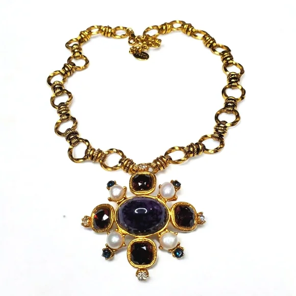 GERARD YOSCA Vintage Gold Byzantine Maltese Cross Glass Cabochon Necklace - Picture 3 of 5